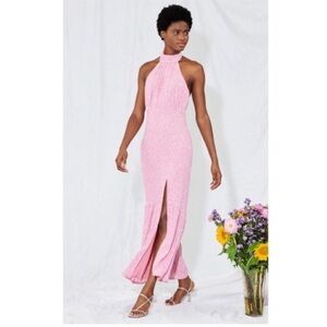 Chic Pink Sequin Halter Maxi Dress